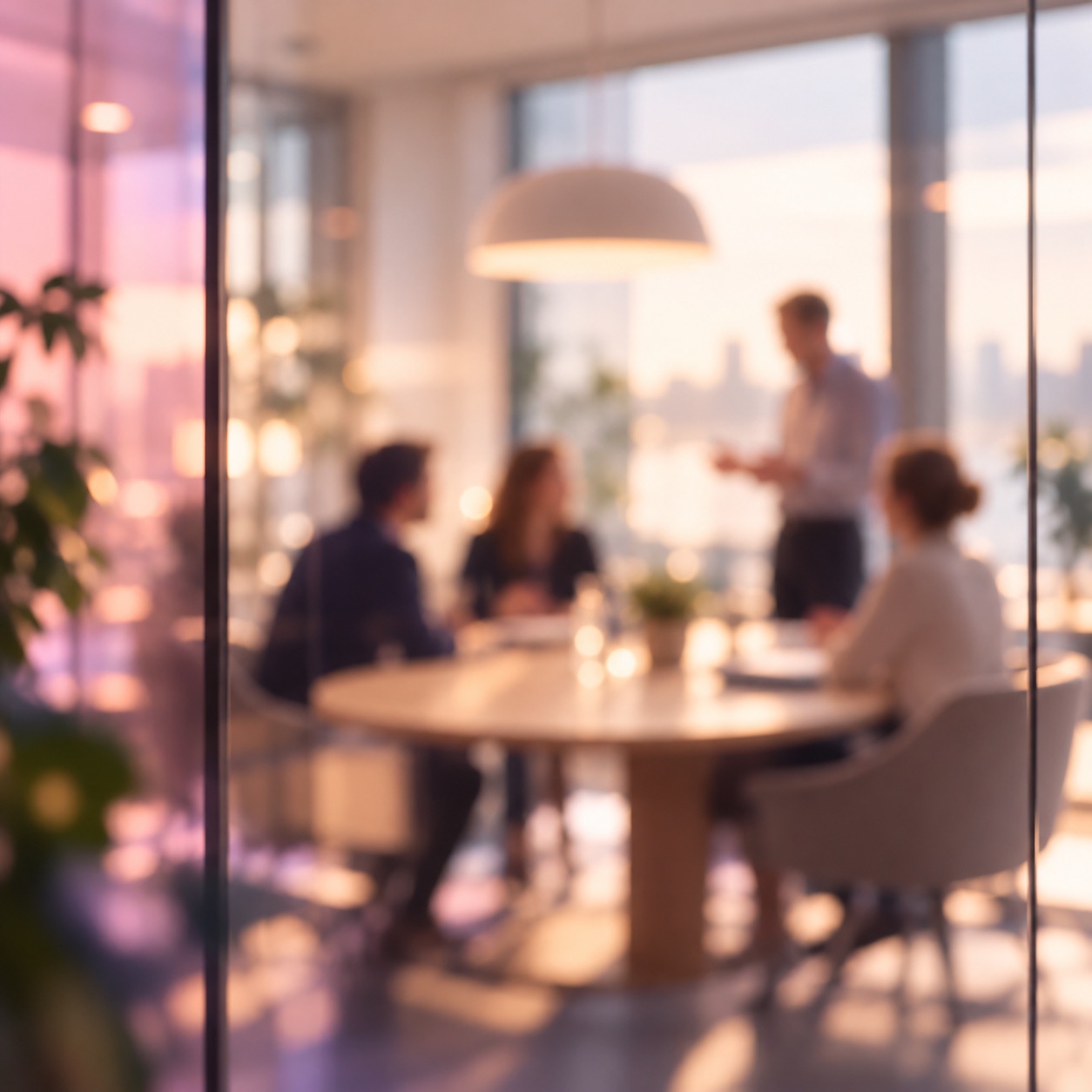 A team in a bright meeting room around a round table